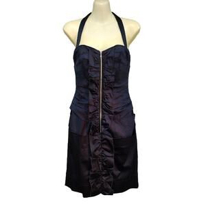 Phoebe Couture Satin Dress with Ruffles and Pockets, Navy, Size‎ 4